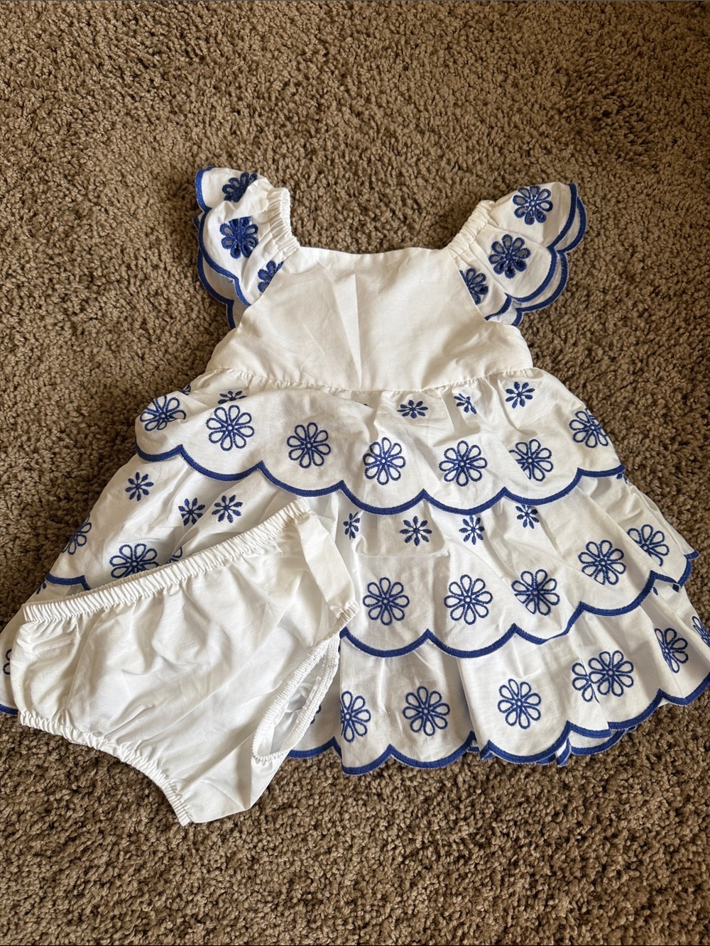 White & Blue Floral Eyelet Tiered Baby Dress with Bloomers